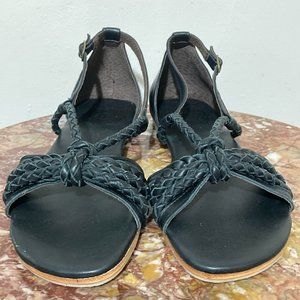 Black Leather Blooming Day Strappy Sandals by ELF